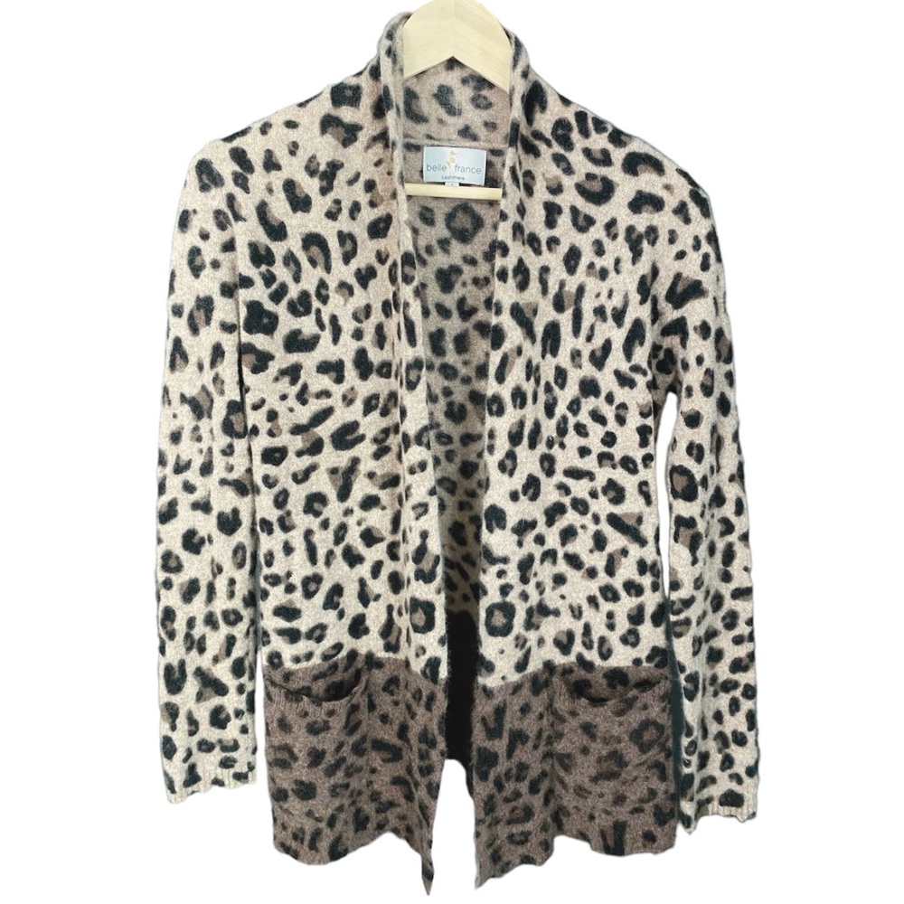 Belle France 100% Cashmere Cheetah Leopard Print Cardigan Sweater Large